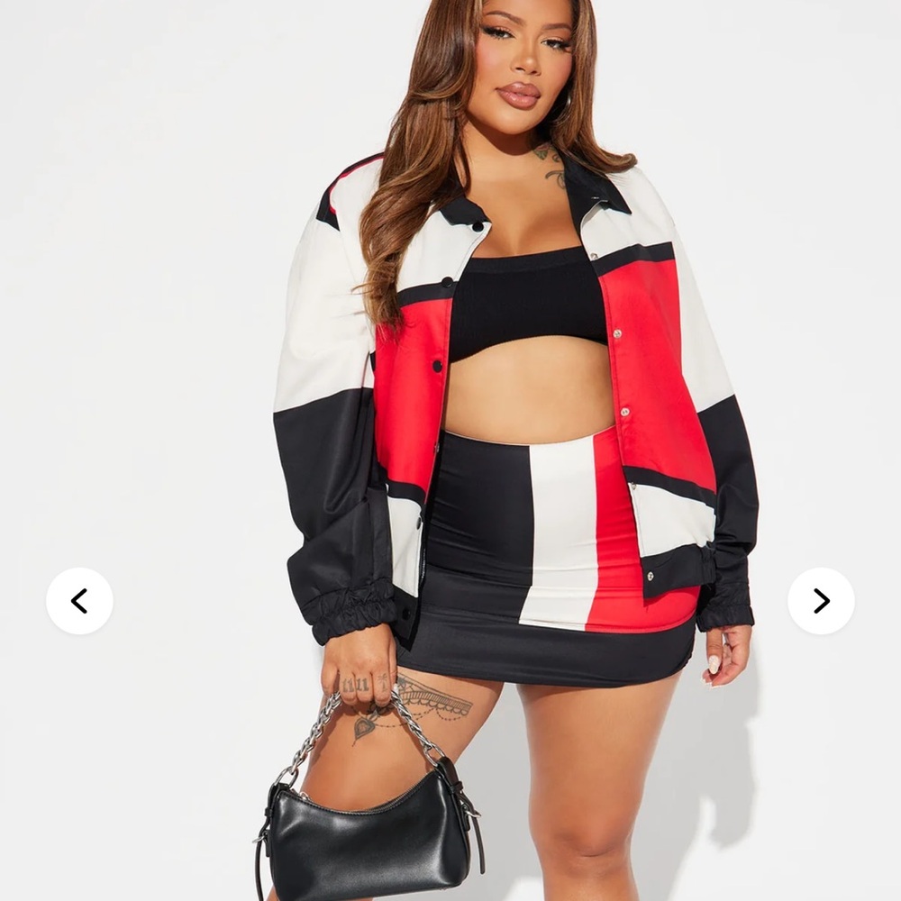 Fashion Nova Red, Black, and White Varsity Jacket and Skirt